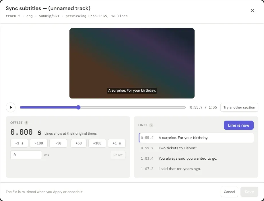 The Sync subtitles panel. A video preview shows the line “A surprise. For your birthday.” Below it are play controls and a Try another section button. At the bottom left, the Offset area reads 0.000 s, with buttons for −1 s, −100, −50, +50, +100 and +1 s and a box for an exact value. At the bottom right, the Lines list shows four lines with their times, the one on screen marked, and a Line is now button.