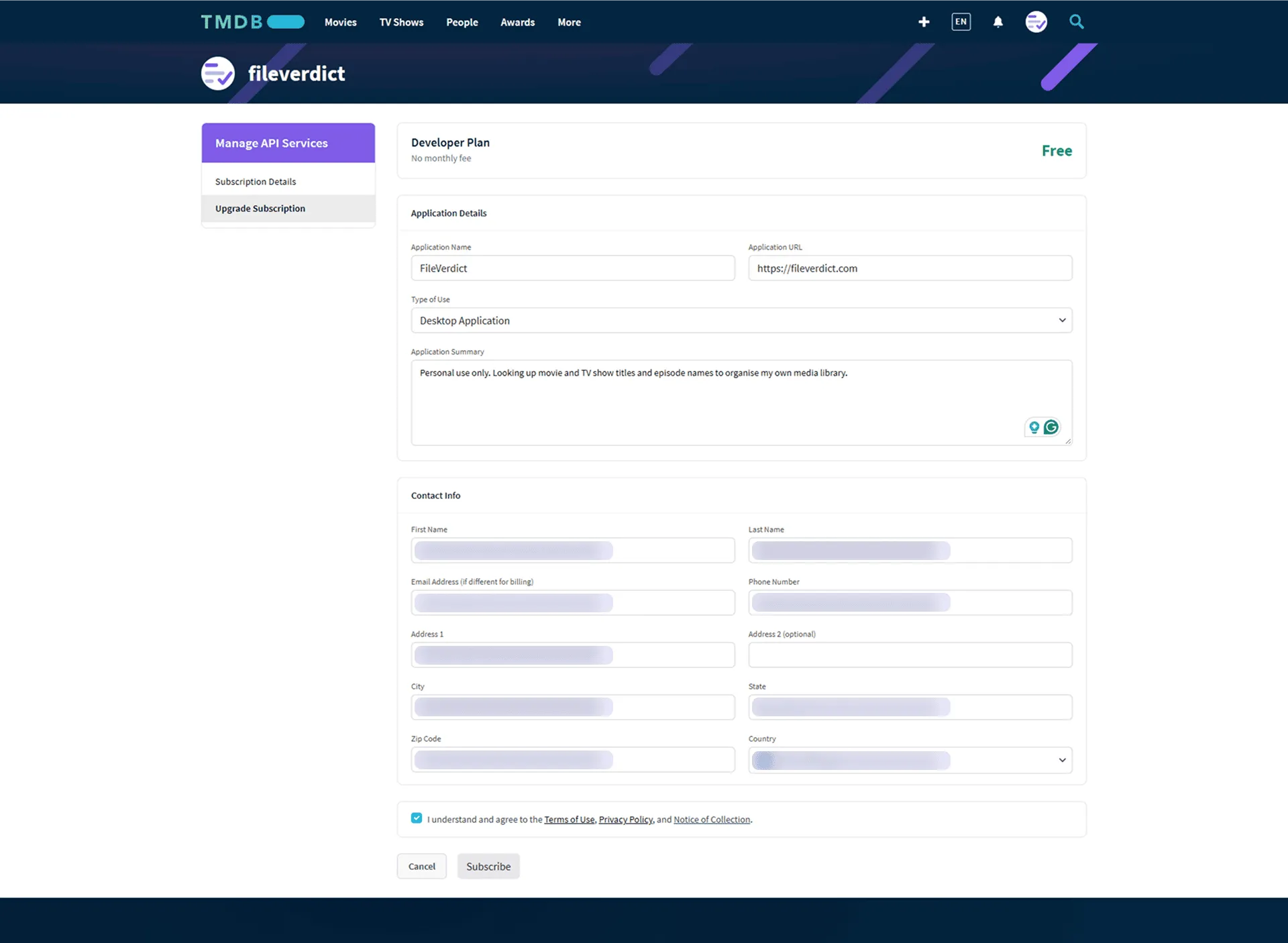 TMDB’s Developer Plan application form, filled in, with contact details hidden