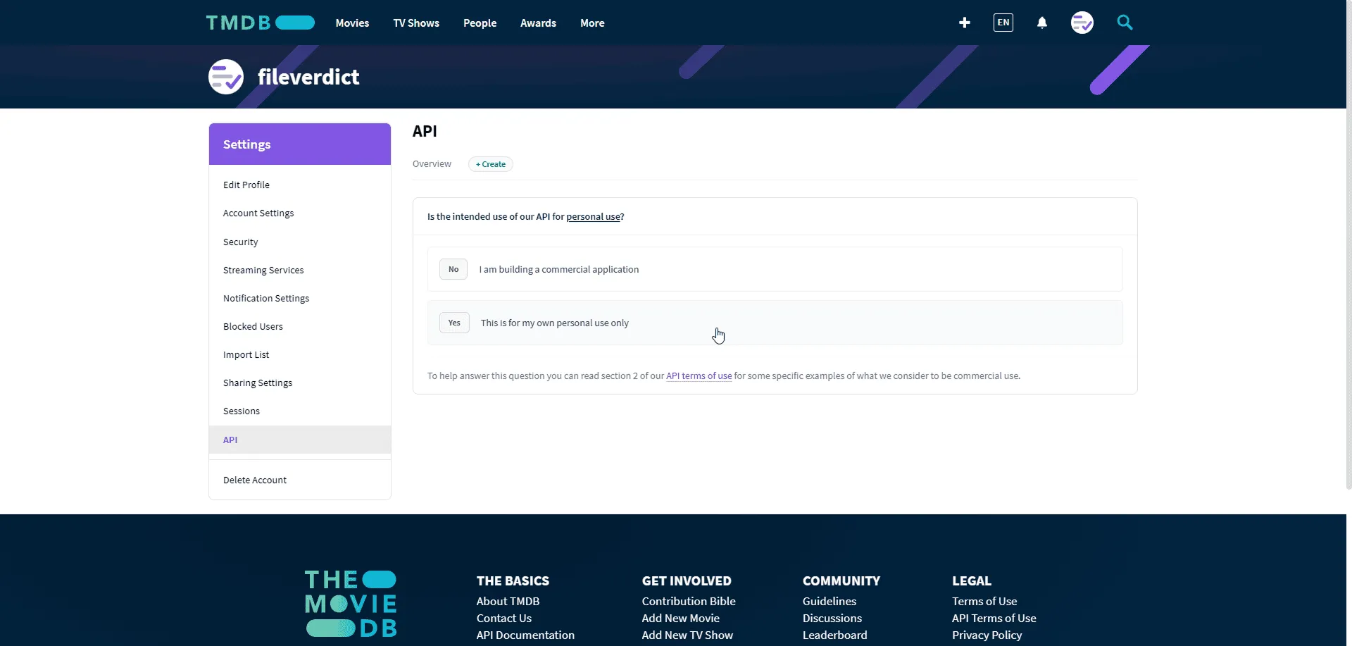 TMDB asking whether the API is for personal use, with No and Yes options
