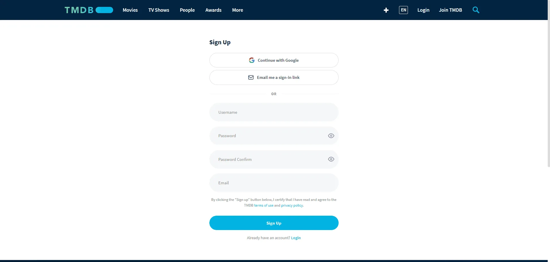 TMDB’s Sign Up page, with Continue with Google, Email me a sign-in link, and username, password and email fields