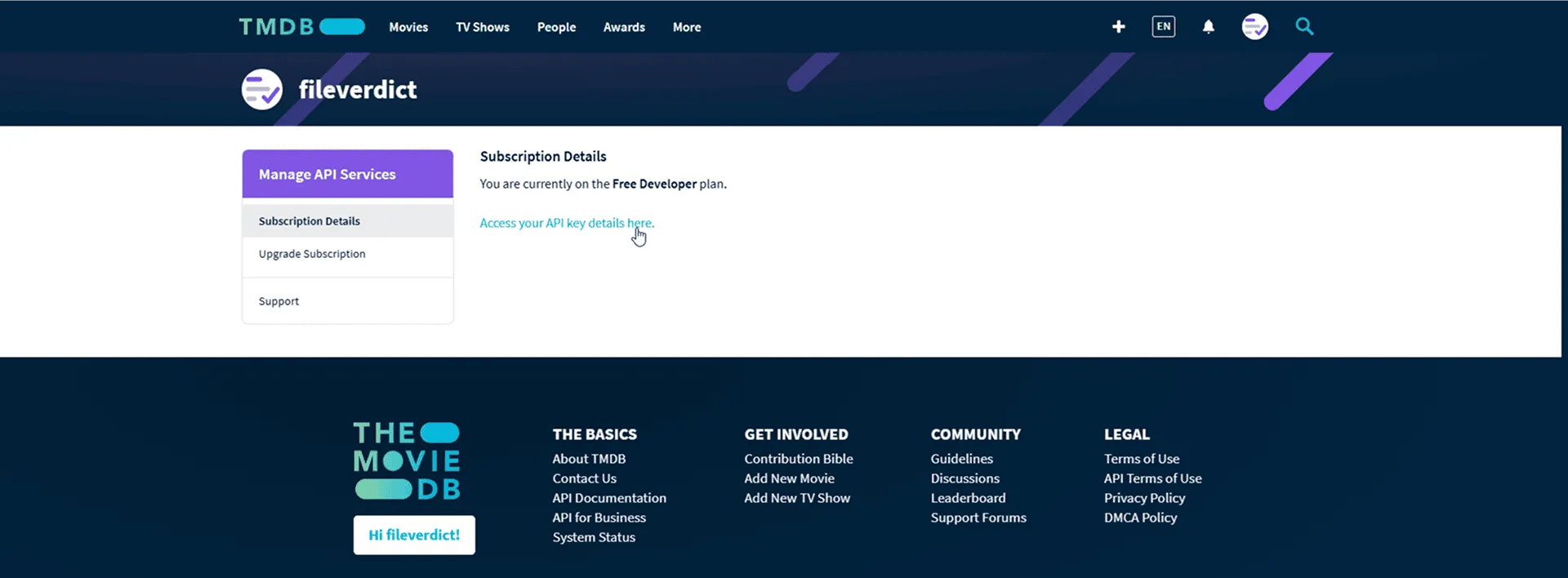 TMDB’s Subscription Details page, showing the Free Developer plan and the Access your API key details here link