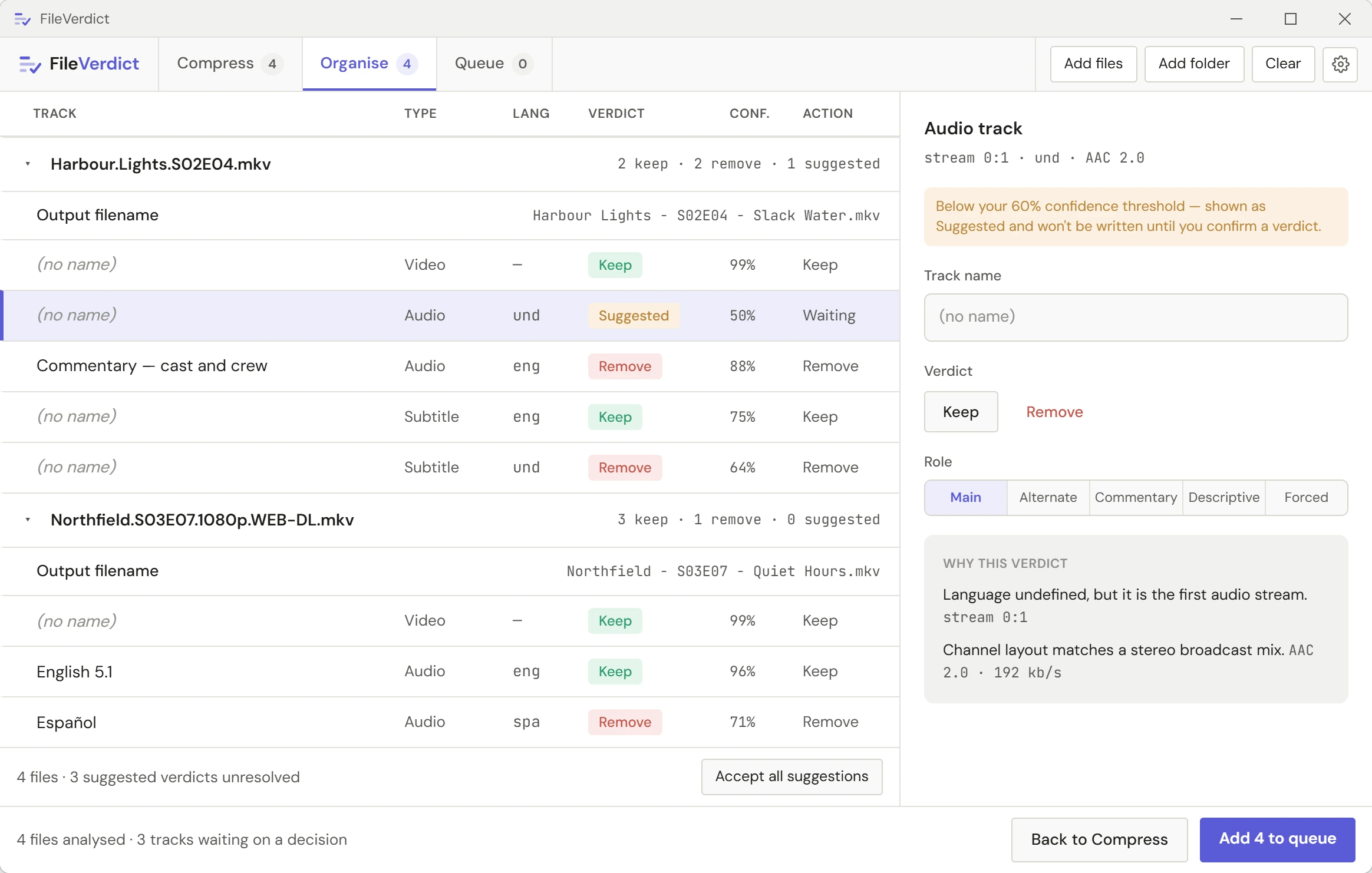 FileVerdict Organise stage with the Why this verdict panel open