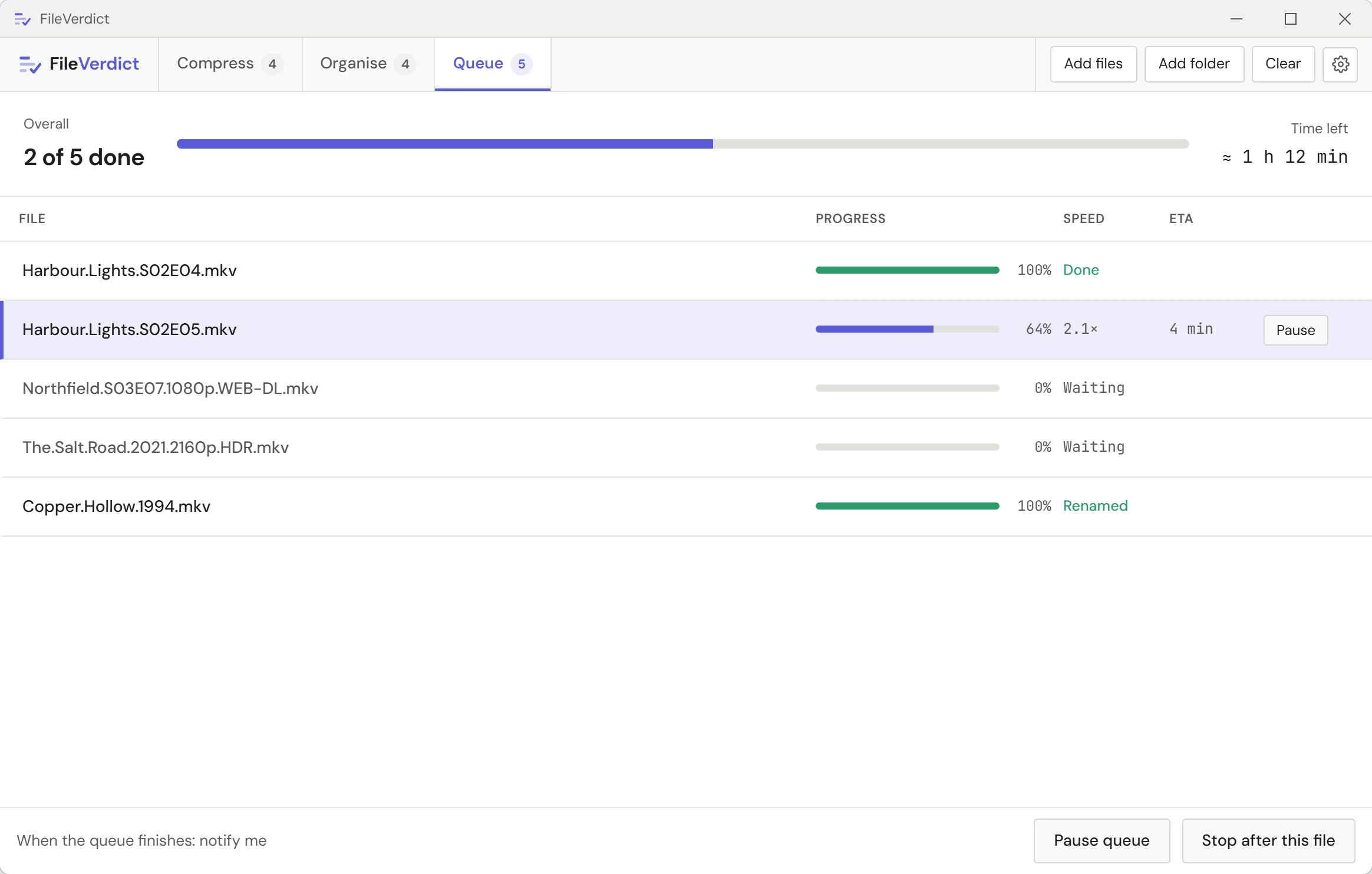 FileVerdict Queue stage showing progress, speed and ETA for each file